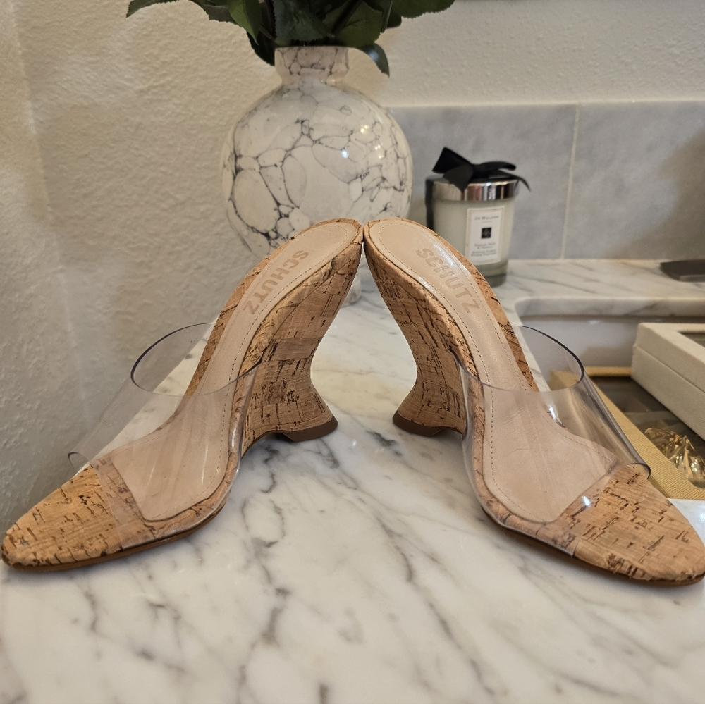 SCHUTZ Clear Vinyl Cork Mule Wedge Sandals 5